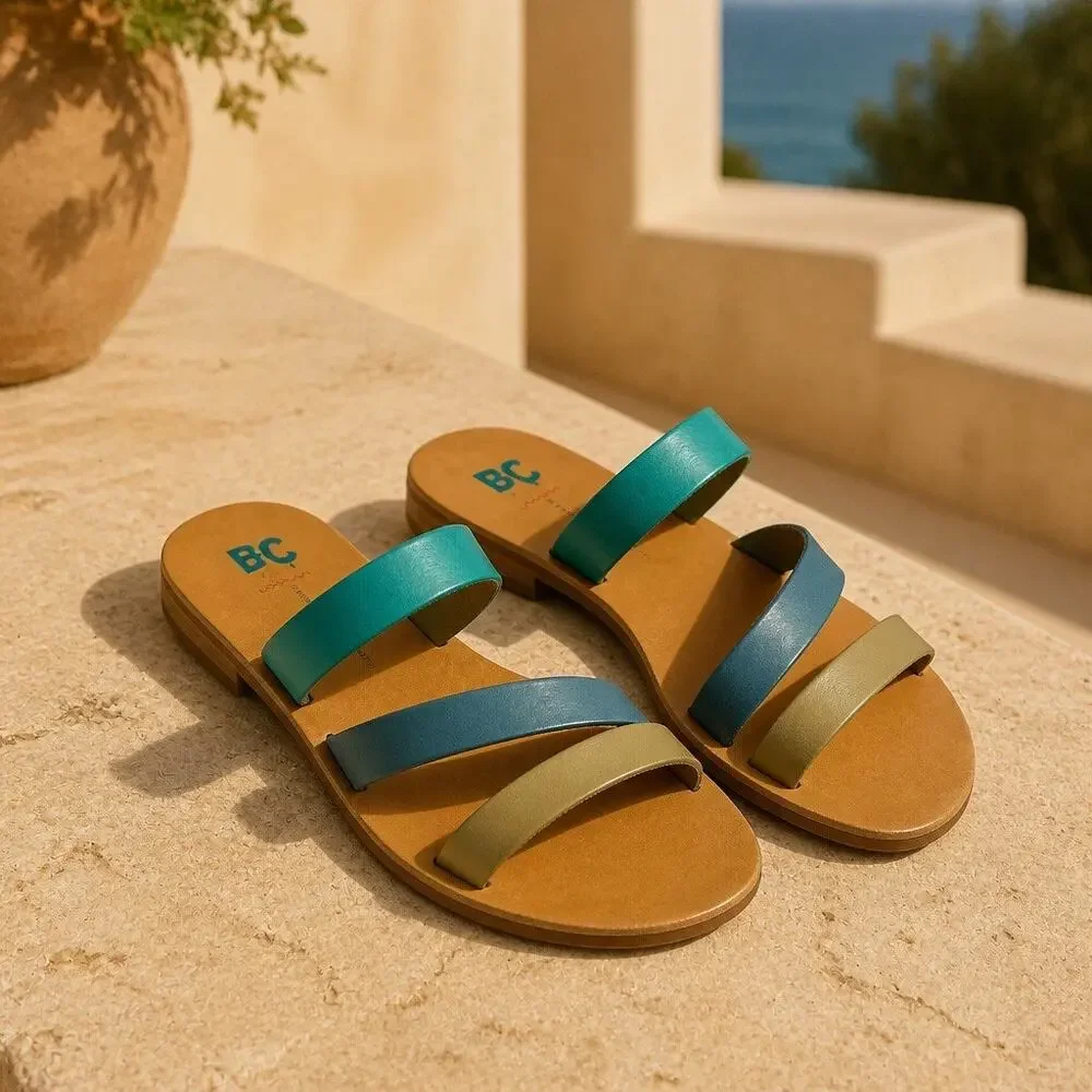 BC Leather Strappy Colorful Slides Sandals Womens 9 Beachy Boho Chic Minimalist